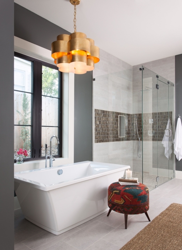 Modern Bathroom with Elegant Gold Chandelier Lighting