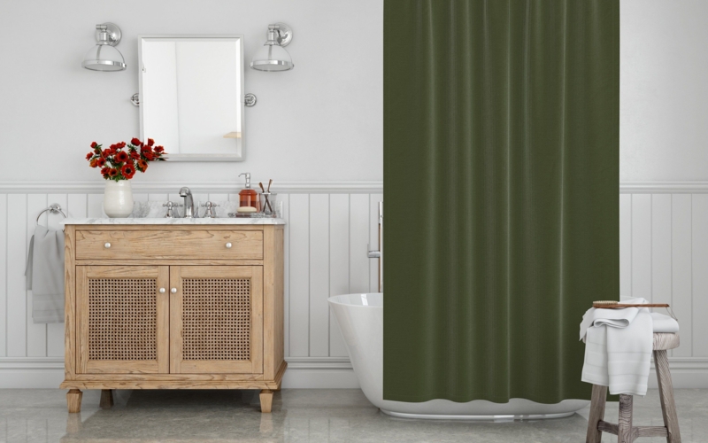 Modern Bathroom with Natural Wood Vanity and Olive Shower Curtain
