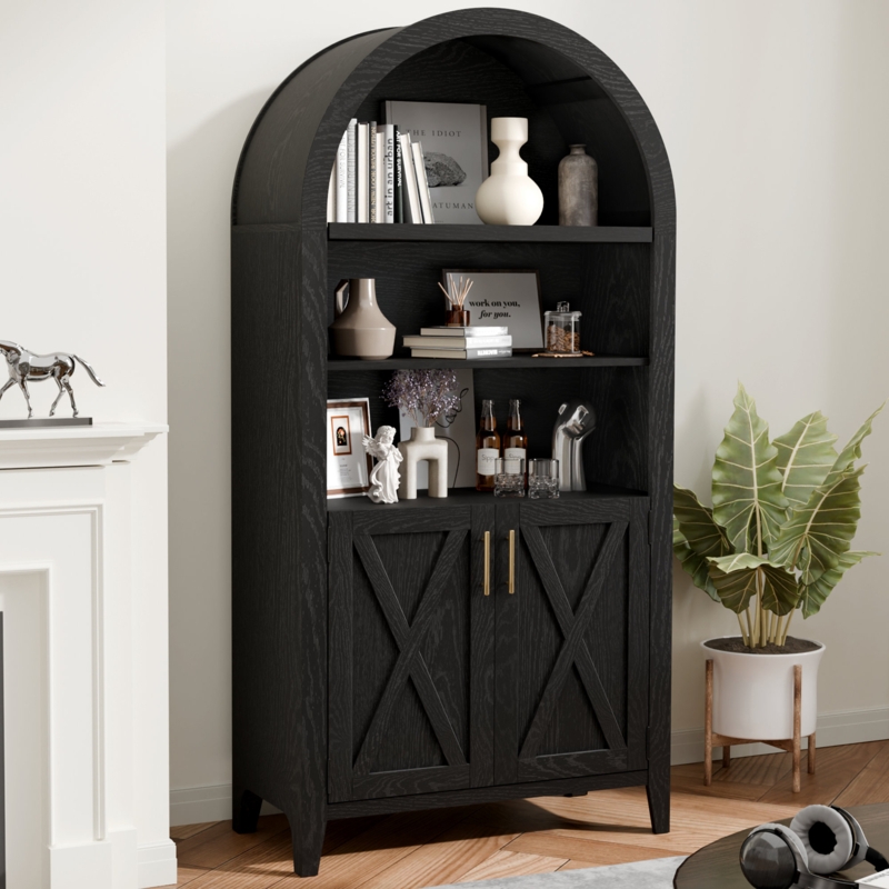 Modern Black Arch Storage Cabinet with Beech Wood Doors