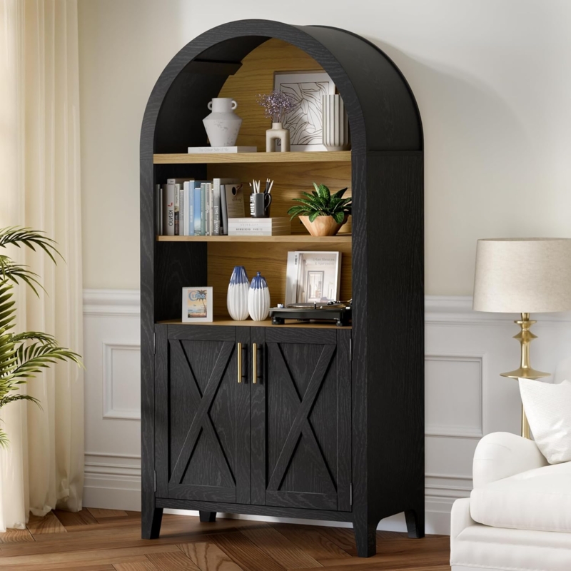 Modern Black Arch Storage Cabinet with Beech Wood