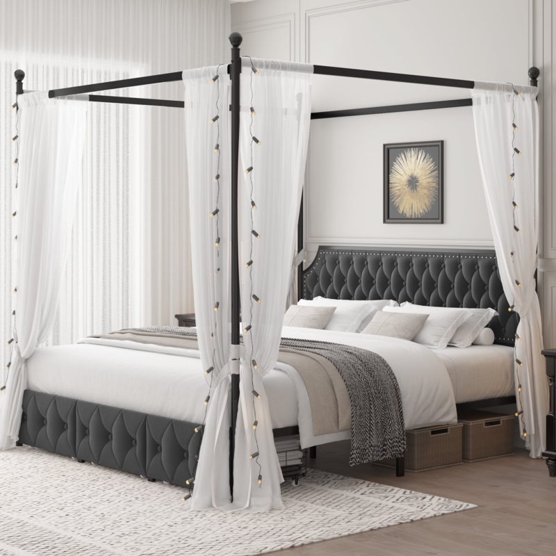 Modern Black Canopy King Size Bed with Storage