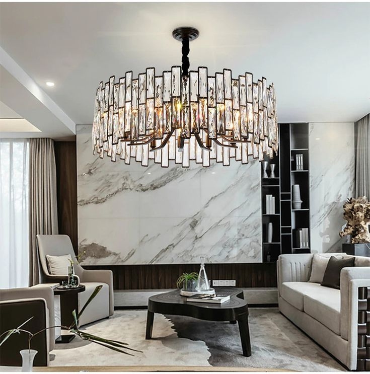 Modern Black Crystal Drum Chandelier in Living Room