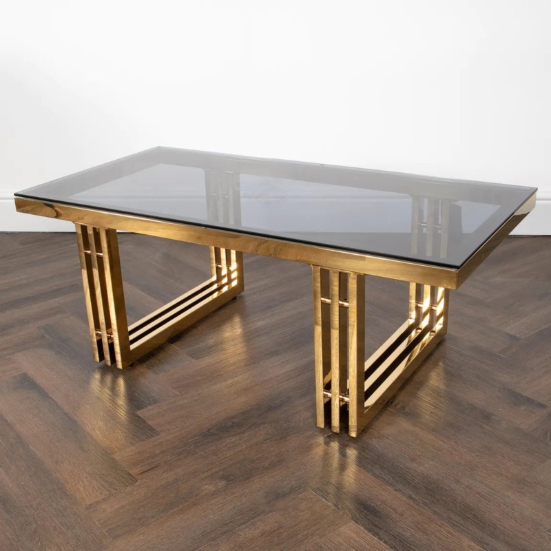 Modern Black Glass and Gold Metal Coffee Table