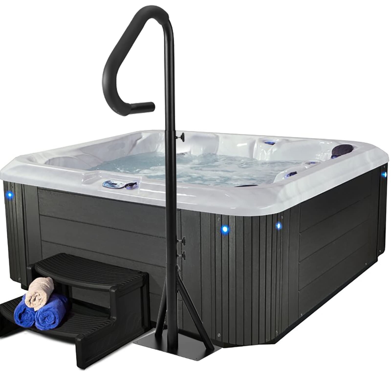 Modern Black Hot Tub with Safety Handrail and Steps