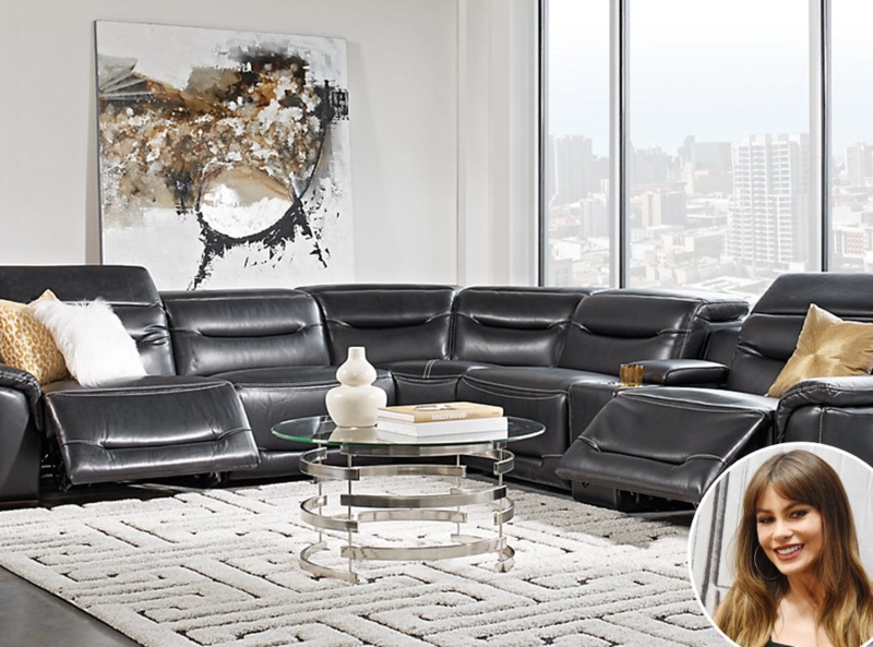 Modern Black Leather Sectional Sofa with Recliners