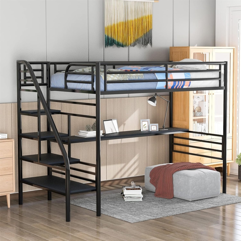 Modern Black Metal Loft Bed with Desk and Storage