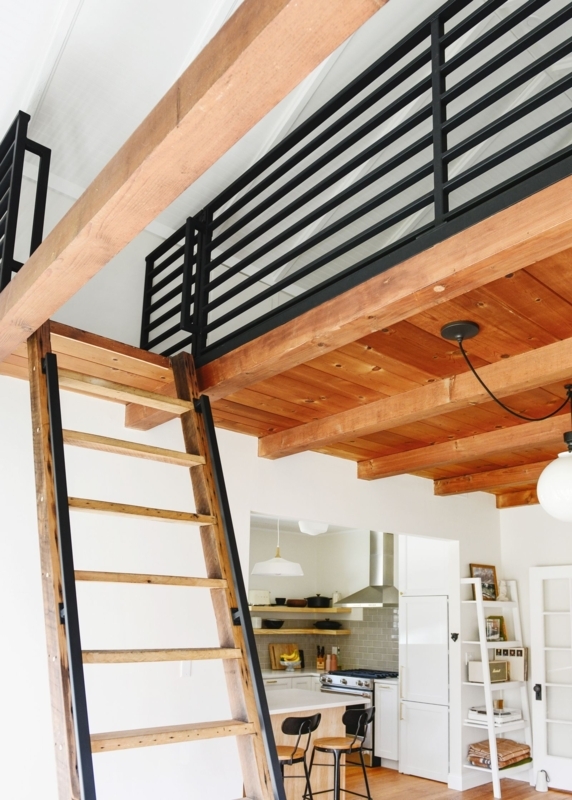 Modern Black Metal Railing and Wooden Loft Ladder