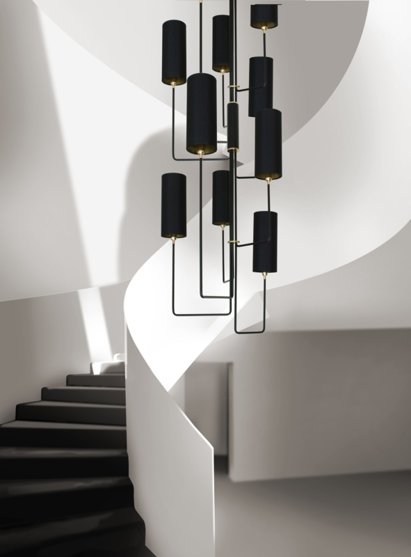 Modern Black Pendant Chandelier Above White Spiral Staircase