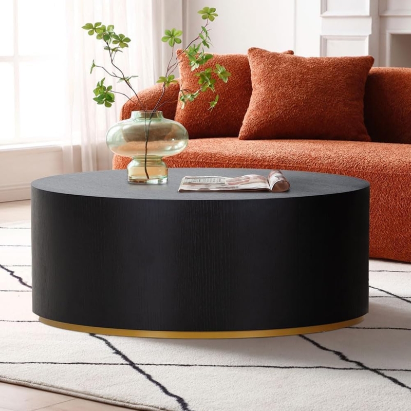 Modern Black Round Coffee Table with Gold Base