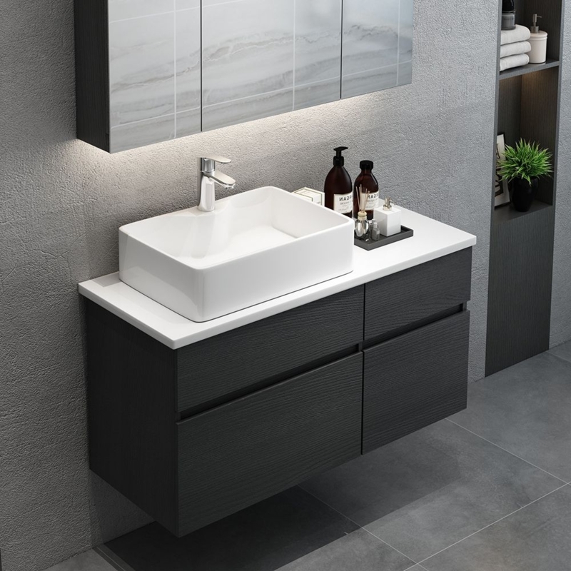 Modern Black White Floating Bathroom Vanity with Vessel Sink