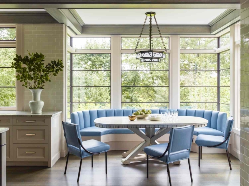 Modern Blue Banquette Seating with Round Dining Table