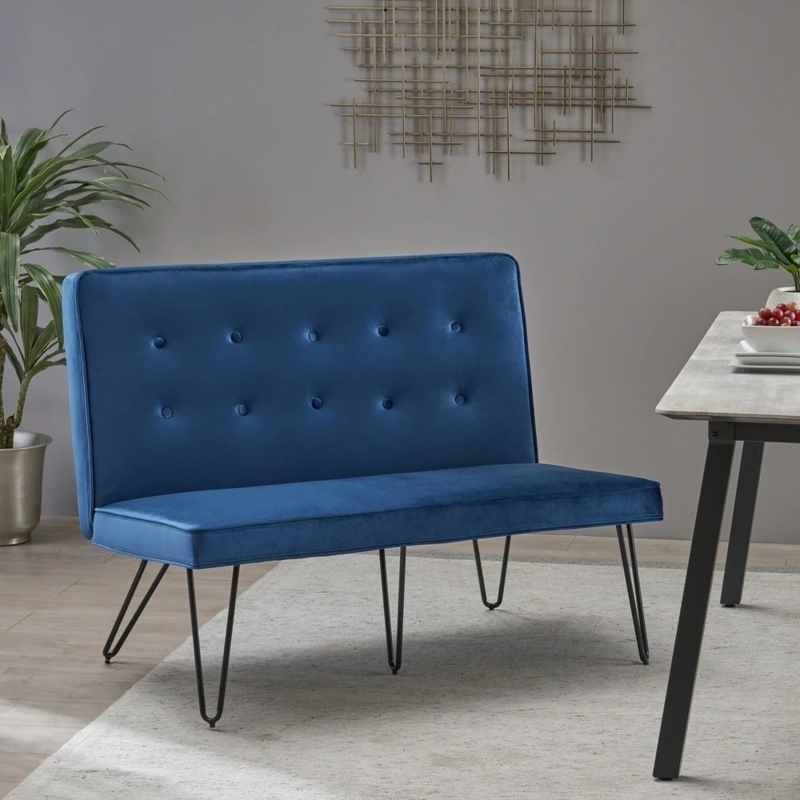 Modern Blue Velvet Dining Bench with Backrest