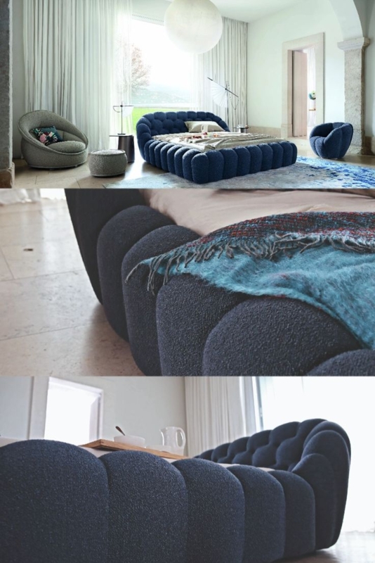 Modern Bubble Bed with Plush Navy Upholstery