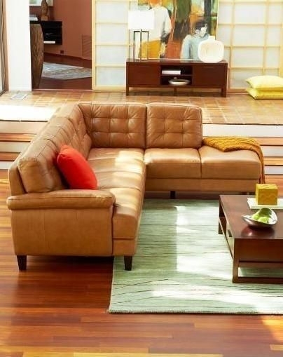 Modern Camel Leather Sectional Sofa in Living Room