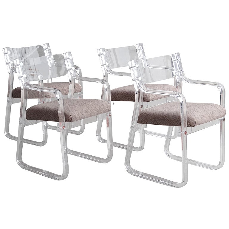Modern Clear Lucite Armchairs with Upholstered Seats