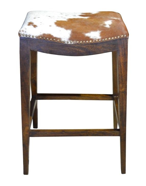 Modern Cowhide Bar Stool with Wooden Frame