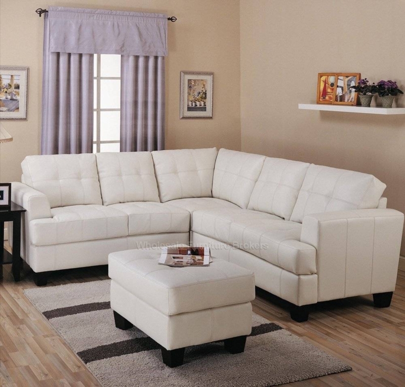 Modern Cream Leather Sectional Sofa with Ottoman