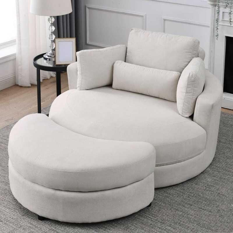 Modern Curved White Living Room Chair and Ottoman