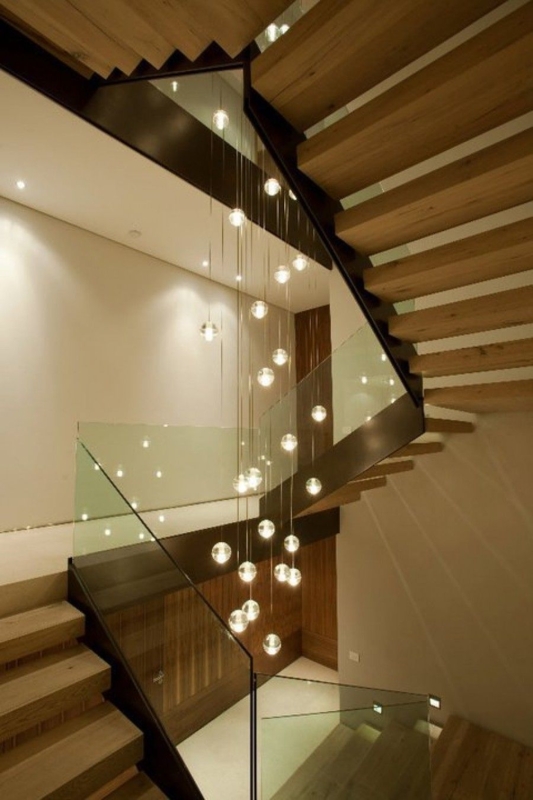 Modern Custom Glass Orb Chandelier in Stairwell