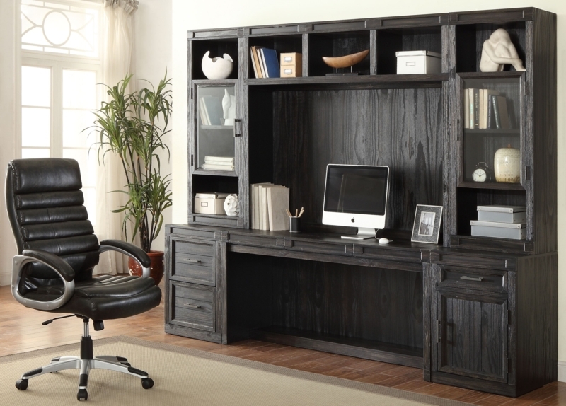 Modern Dark Wood Desk Wall Unit with Storage Shelves