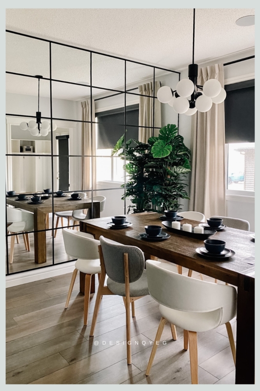 Modern Dining Room with Large Grid Mirror Wall