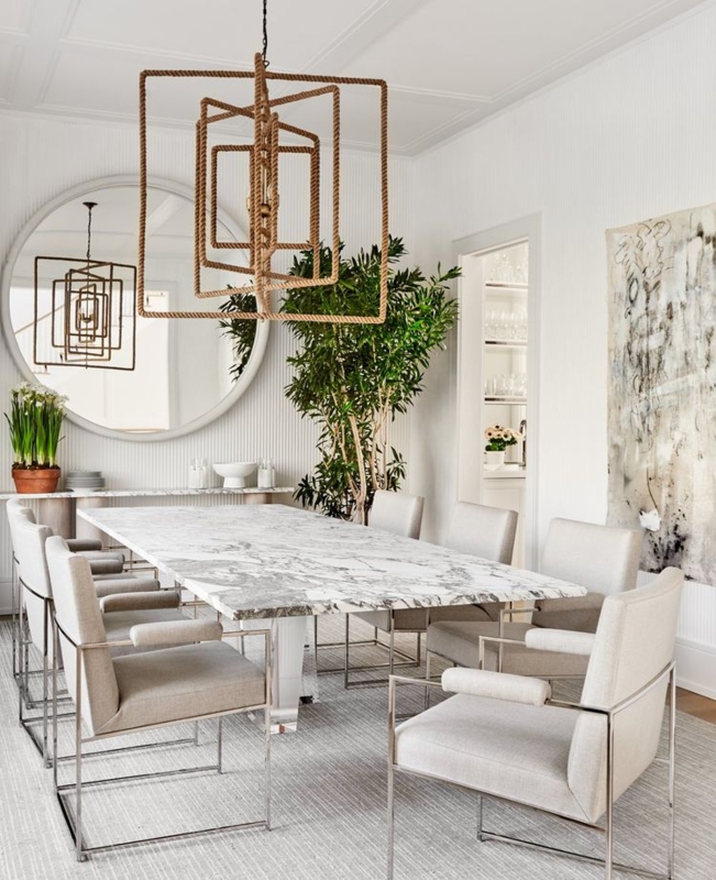 Modern Dining Room with Large Round Mirror