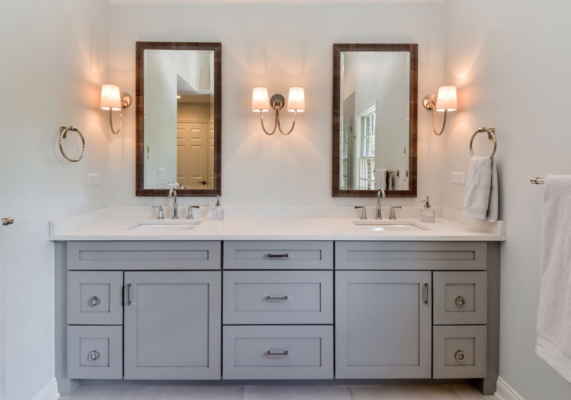 Modern Double Vanity with Gray Cabinets and Wall Sconces