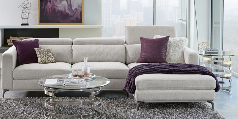 Modern Dove Gray Sectional Sofa with Purple Accents