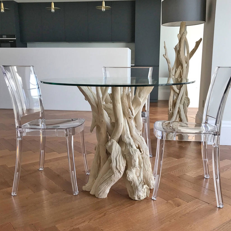 Modern Driftwood Round Glass Dining Table with Clear Chairs