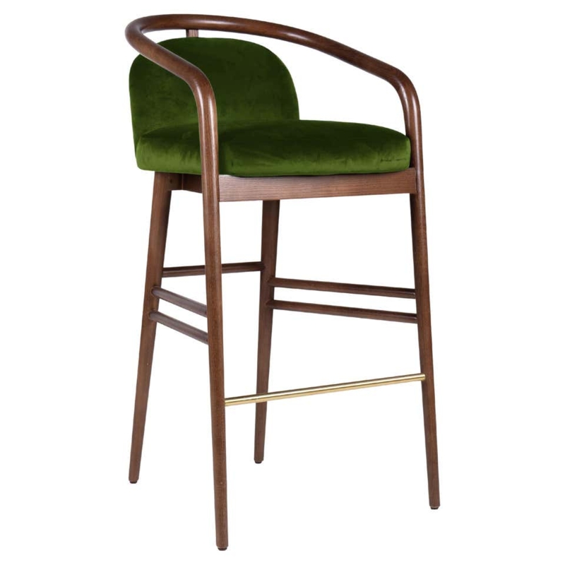 Modern Emerald Green Velvet Bar Stool with Walnut Base
