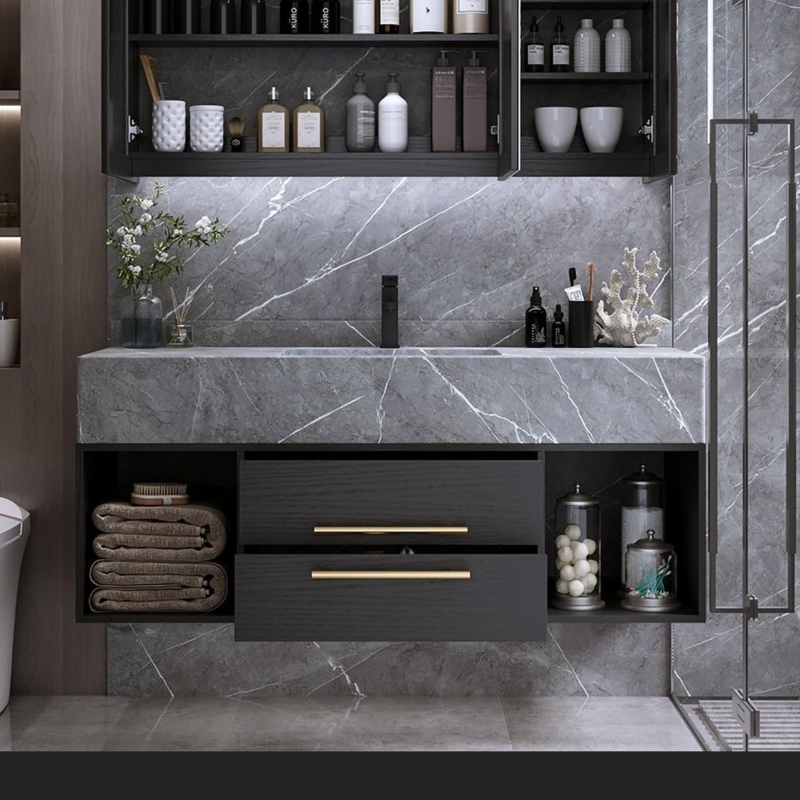 Modern Floating Black and Gray Marble Bathroom Vanity