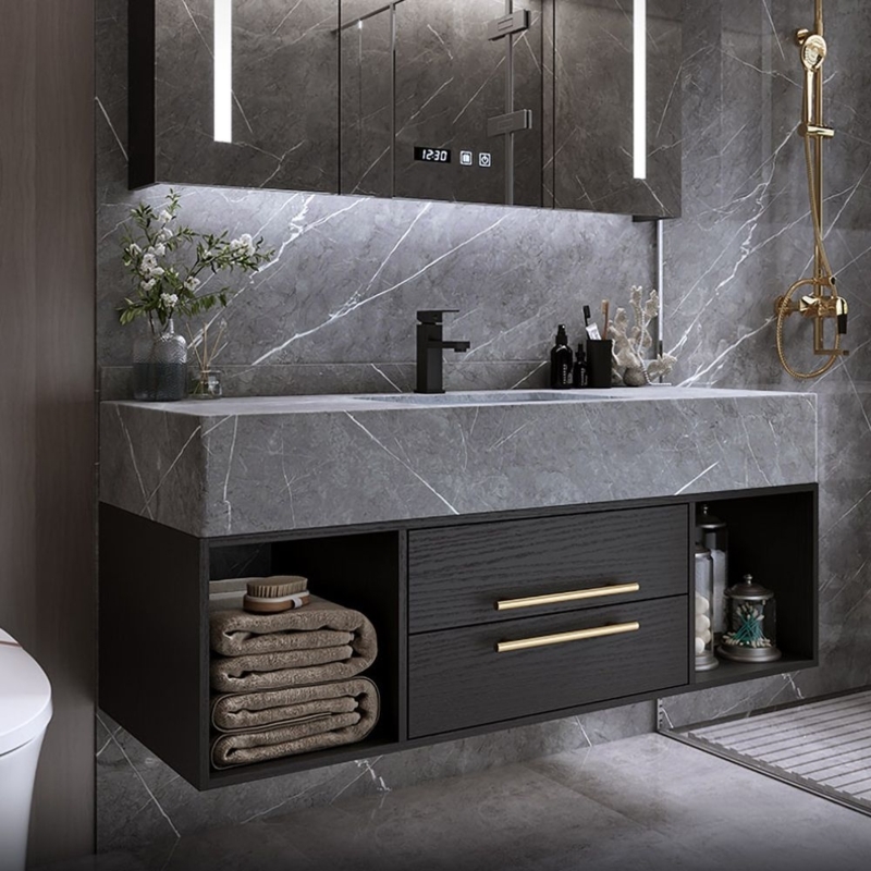 Modern Floating Black Gray Marble Bathroom Vanity