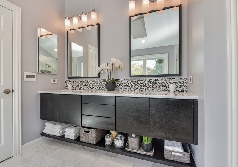 Modern Floating Vanity with Mosaic Tile Backsplash