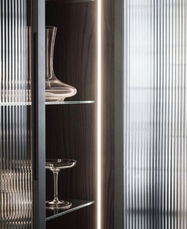Modern Fluted Glass Kitchen Cabinet with LED Lighting
