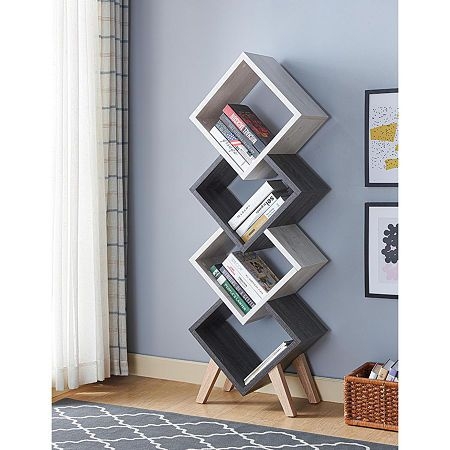 Modern Geometric Corner Bookcase with Wood Legs