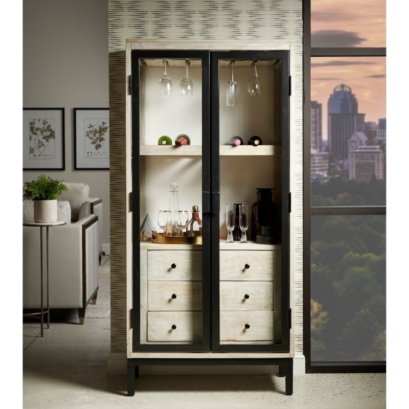 Modern Glass Cabinet with Wine Storage and Drawers