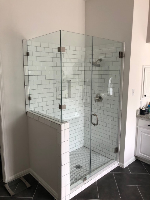 Modern Glass Shower Enclosure with White Subway Tiles