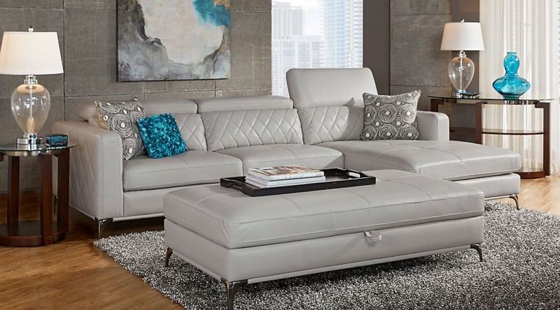 Modern Gray Leather Sectional Sofa with Ottoman