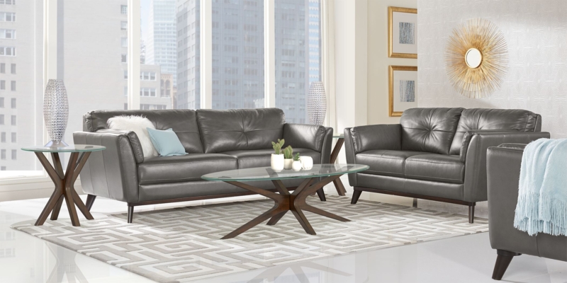 Modern Gray Leather Sofa Set with Wooden Accents