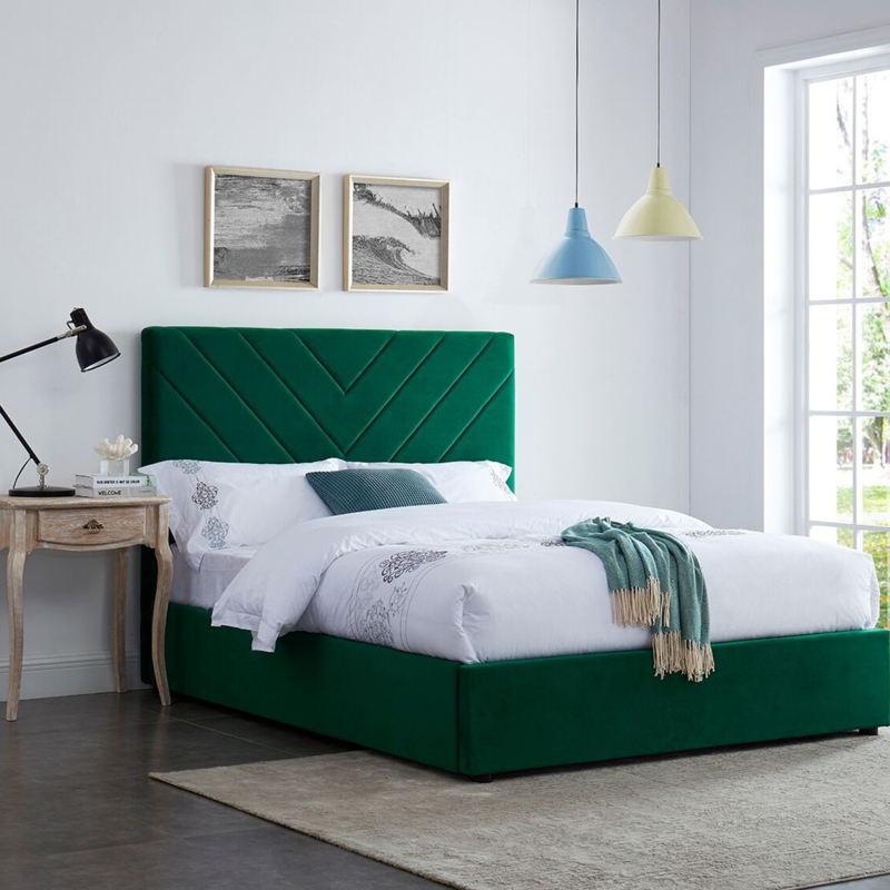 Modern Green Velvet Double Bed with Upholstered Headboard