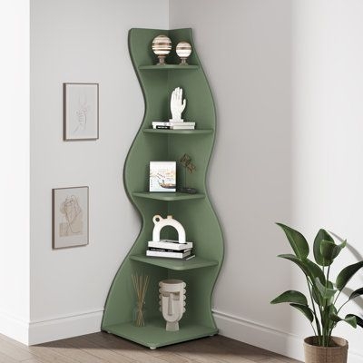 Modern Green Wavy Corner Bookcase for Bedroom