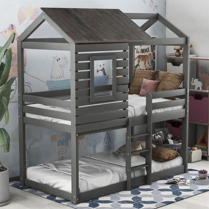 Modern Grey Twin Over Twin Kids Bunk Bed with Playhouse Roof