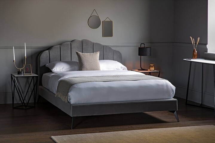 Modern Grey Velvet Bed With Scalloped Headboard