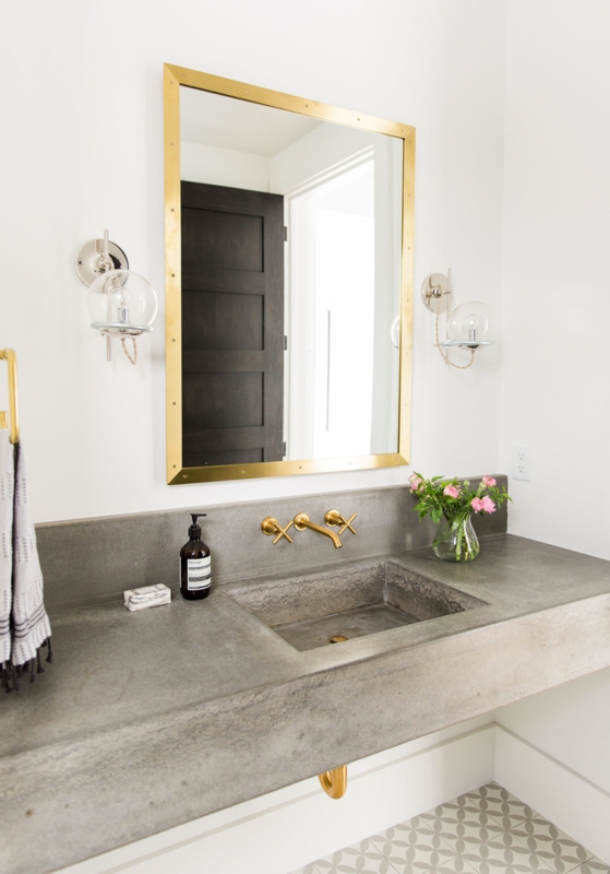 Modern Industrial Concrete Bathroom Vanity with Brass Accents