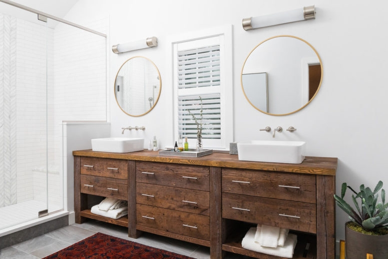 Modern Industrial Double Vanity with Wooden Cabinetry
