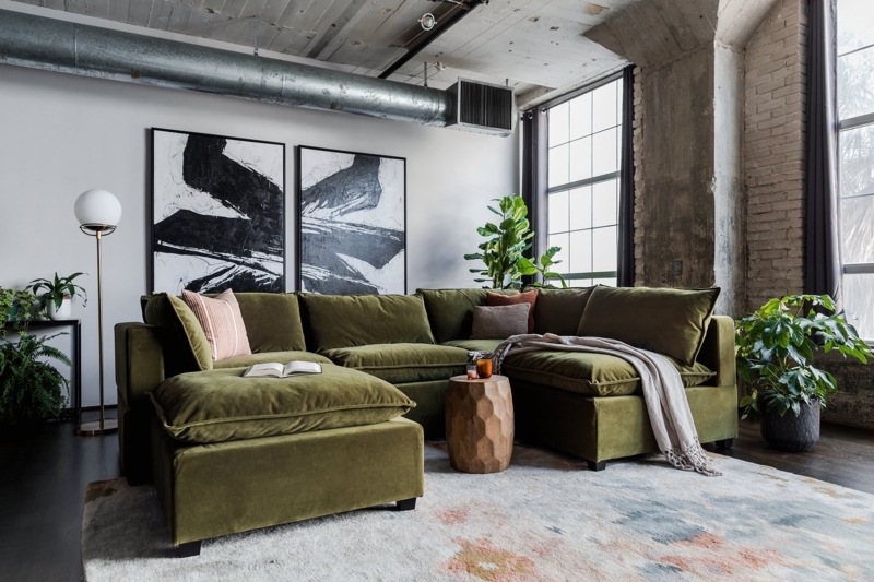 Modern Industrial Living Room with Olive Green Velvet Sofa
