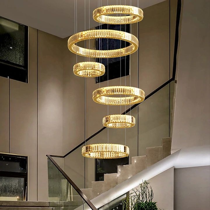 Modern Large Crystal Ring Chandelier for Staircase