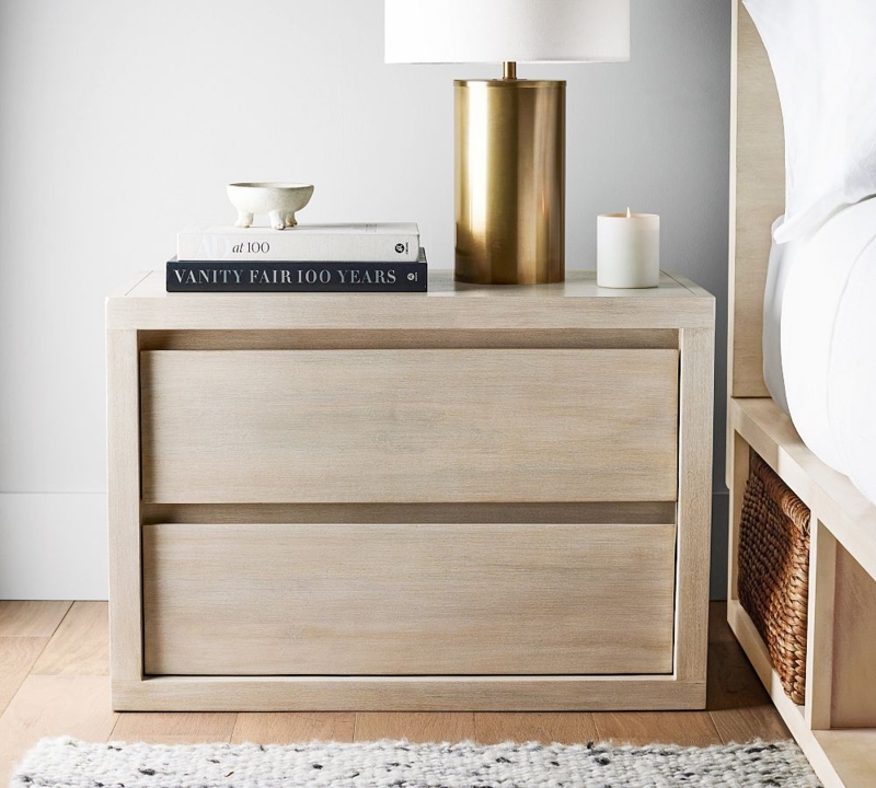Modern Light Wood Wide Nightstand with Brass Lamp