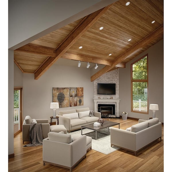 Modern Living Room with Vaulted Wood Ceiling Lights