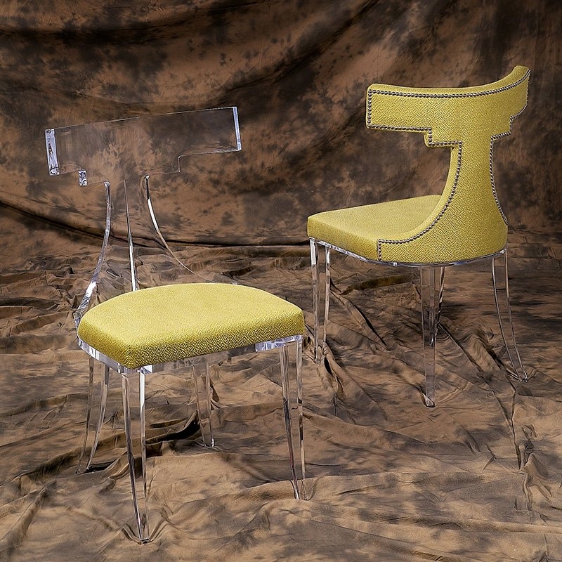 Modern Lucite Dining Chairs with Green Upholstery